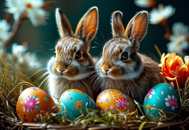 Ilustracja wielkanocna z jajkami wielkanocnymi i Wielkanocą