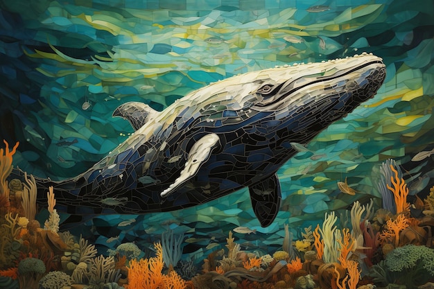 ilustracja wieloryba w głębokim morzu szczegółowo