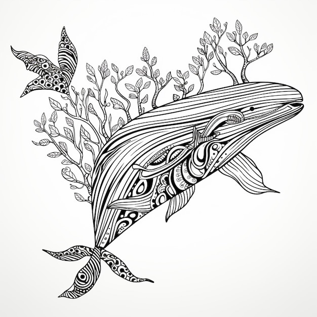 ilustracja wieloryba z rybą i motylem generatywną sztuczną inteligencją
