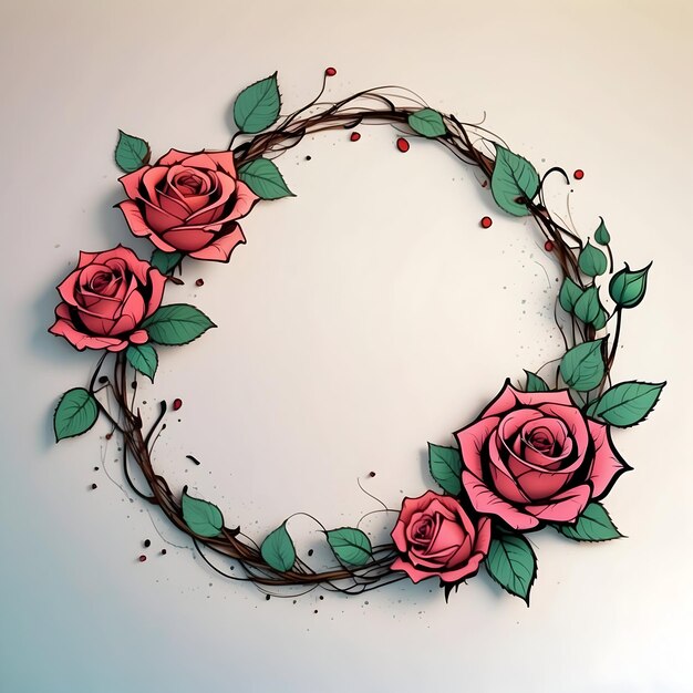 Ilustracja wieńca różowego Projekt wieńca kwiatowego Dekoracja czerwonej róży Graficzny wieńc romantyczny Elegancki
