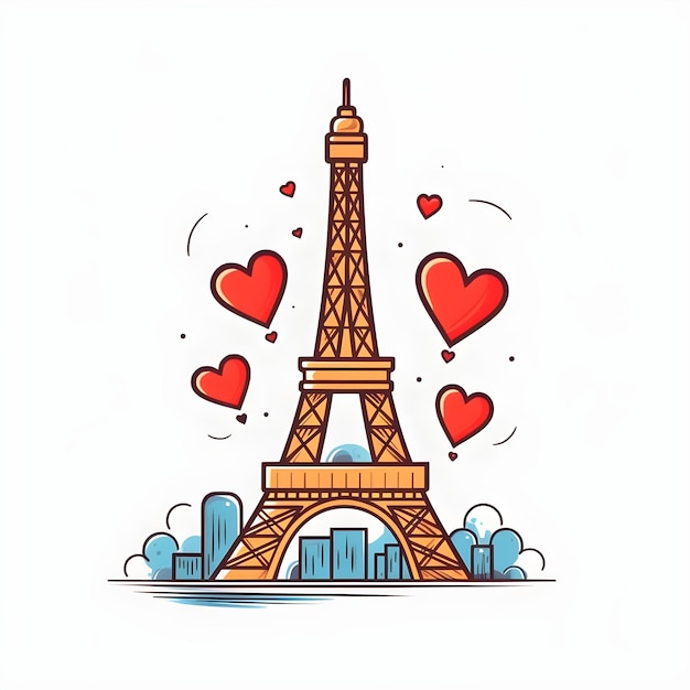Ilustracja wieży Eiffla z kolorowymi sercami wokół