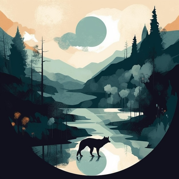 Ilustracja wilka w lesie z górami w tle.