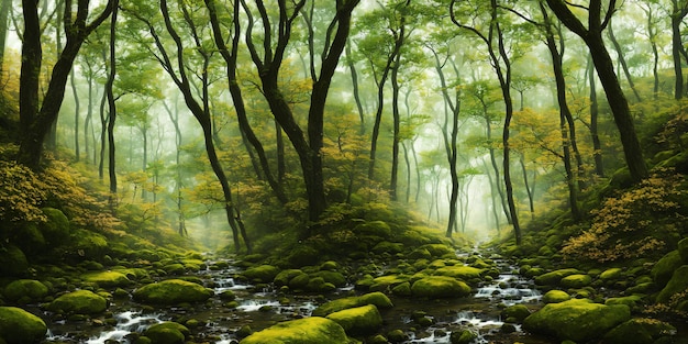 Ilustracja wiosennego lasu. Krajobraz z drzewami z zielonymi liśćmi, trawą, kwiatami. Generatywna sztuczna inteligencja