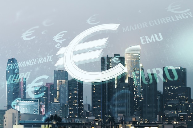 Ilustracja wirtualnych symboli EURO na tle krajobrazu miejskiego Los Angeles Koncepcja waluty i waluty Multiexposure