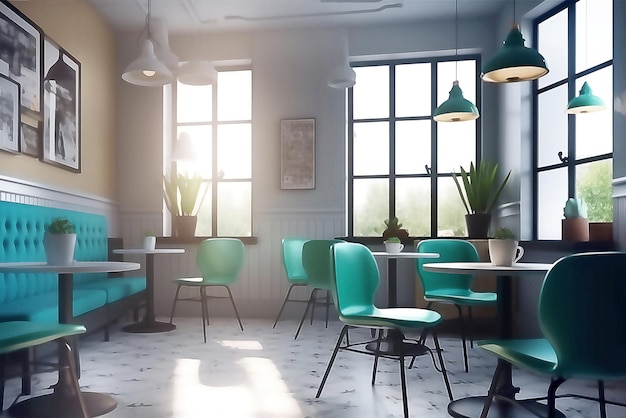 Ilustracja wnętrza pustej kawiarni lub baru w ciągu dnia, po przetworzeniu obrazu wygenerowanego przez sztuczną inteligencję