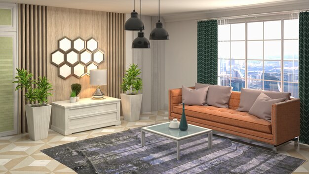 Ilustracja wnętrza salonu. Renderowanie 3d