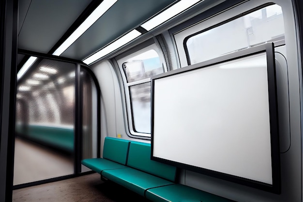 Ilustracja Wnętrze nowoczesnego pociągu metra z białą tablicą informacyjną Generative AI