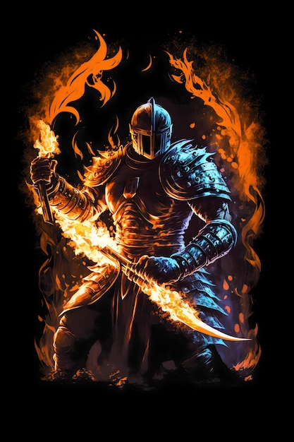 Ilustracja wojownika czarodzieja ognia z trzymającym płonącym ognistym mieczem i płomiennym tłem lub postacią z fantasy i gry Dobre na koszulkę z kubkiem plakat narzuta na łóżko poduszka etui na telefon i inne