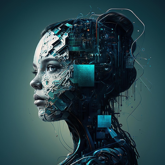 Ilustracja wygenerowana przez sztuczną inteligencję Mikrochip w głowie cyborga