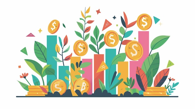 Ilustracja wzrostu finansowego za pomocą monet i roślin symbolizujących gromadzenie bogactwa i naturę
