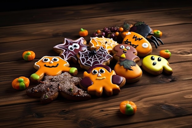 Ilustracja z ciasteczkami Halloween na ciemnym i upiornym drewnianym tle Generacyjna AI