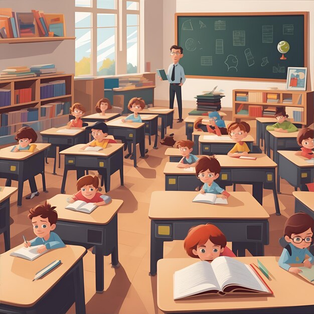 Ilustracja z dziećmi i nauczycielem w klasie