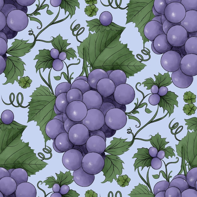 Ilustracja z fioletowym wzorem winogron na miękkim niebieskim tle Motyw winogron do opakowania konstrukcji tkaniny