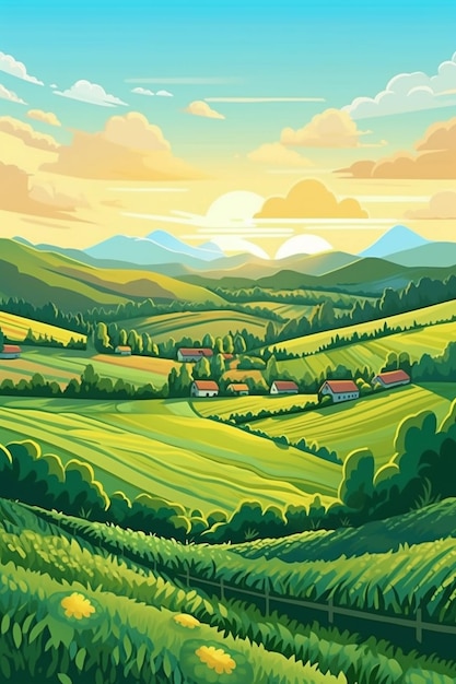 ilustracja z kreskówką krajobrazu wiejskiego z gospodarstwem i drogą generativ ai