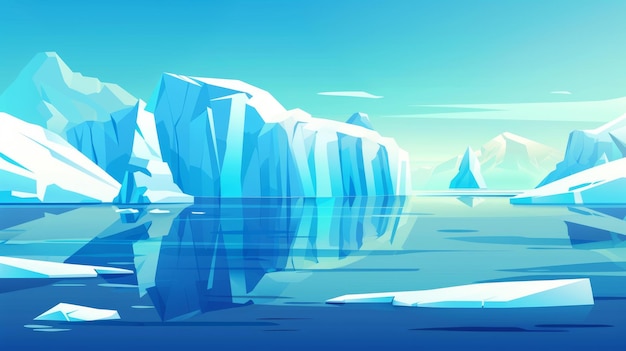 Ilustracja z kreskówki krajobrazu Arktyki z górą lodową pływającą w oceanie Zimny północny horyzont z lodowcem i śnieżnymi górami Współczesna ilustracja lodowców i śniežnych gór