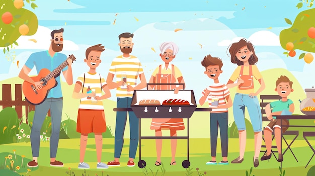 ilustracja z kreskówki o rodzinie gotującej grilla
