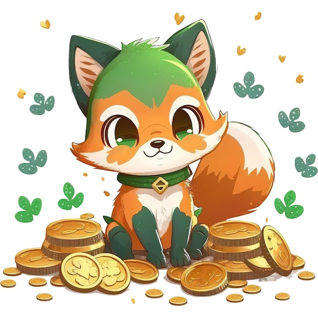 Zdjęcie ilustracja z kreskówki przedstawiająca lisa w zielonym kapeluszu siedzi wśród złotych monet.