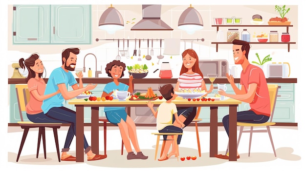 ilustracja z kreskówki z rodziną jedzącą jedzenie