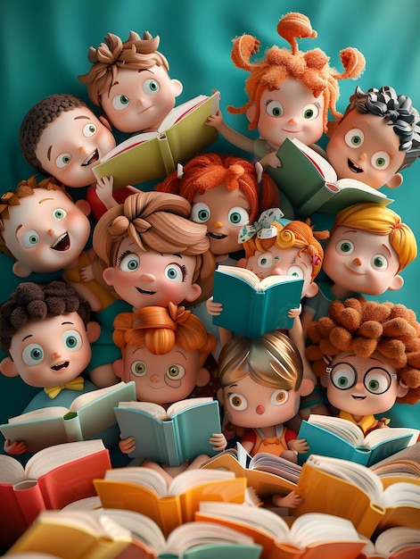 Ilustracja z Międzynarodowego Dnia Dzieci Grupa dzieci czyta razem książkę
