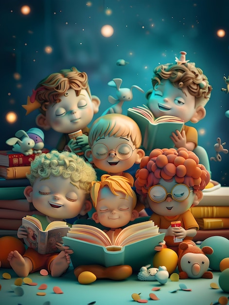 Ilustracja z Międzynarodowego Dnia Dzieci Grupa dzieci czyta razem książkę