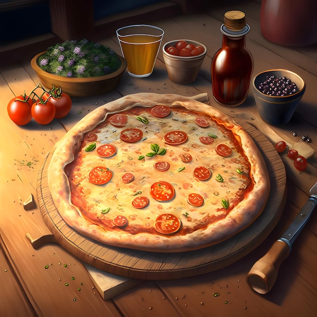Ilustracja z okrągłą pizzą z szynką serową, bazylią, pomidorami, przyprawami na drewnianej desce kuchennej Dekoracje z warzyw i przypraw dookoła Widok z boku