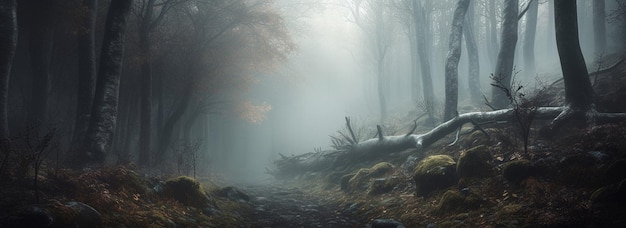 Ilustracja z panoramą pochmurnego lasu we mgle