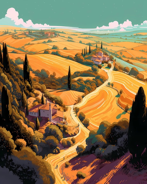 Zdjęcie ilustracja z pięknym widokiem na wzgórza toskanii we włoszech
