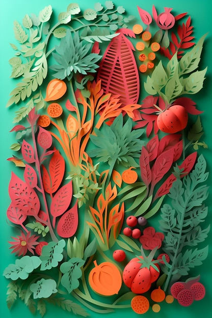 Ilustracja z zielonymi pomidorami i innymi warzywami w stylu cięcia papieru Generative AI
