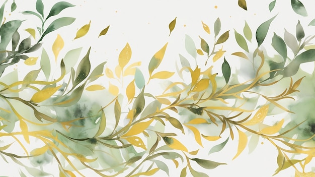 Ilustracja z zielonymi złotymi liśćmi i gałęziami na tekstury tła weselnego DIY owijarki kart