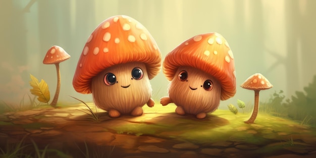 Ilustracja zabawnych grzybów w lesie bajkowe grzyby w krainie fantasy krajobraz leśny gener