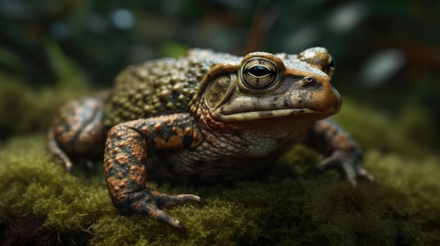 ilustracja żaby na środku lasu widziana z bliskiej odległości