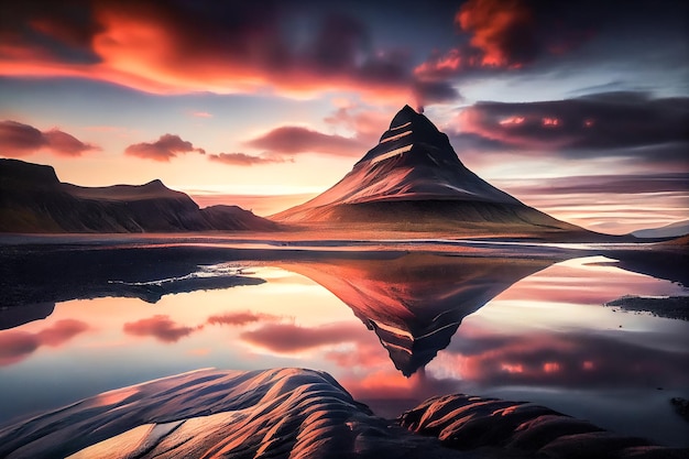 Ilustracja zachód słońca nad fantastycznym wieczorem z wulkanem Kirkjufell Generative AI