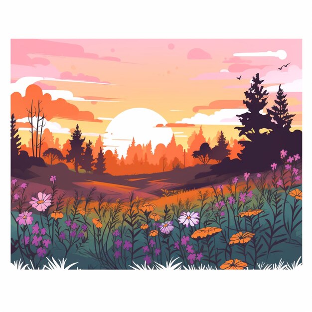 Zdjęcie ilustracja zachodu słońca z polem dzikich kwiatów i drzew generatywnych ai