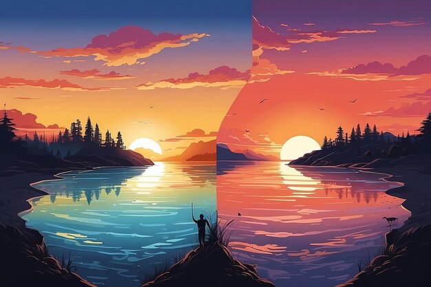 Zdjęcie ilustracja zachody słońca z dwóch różnych stron