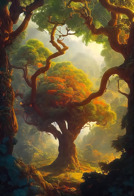 Ilustracja zaczarowanego ogrodu z dużym drzewem, abstrakcyjny piękny ogród fantazji