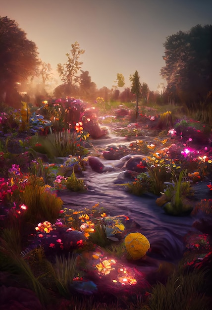 Ilustracja zaczarowanego ogrodu z magicznym jeziorem, abstrakcyjnym pięknym ogrodem fantasy