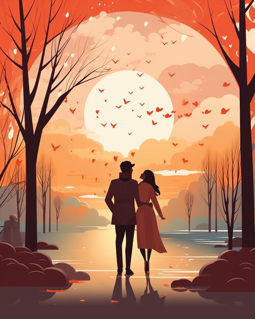 Zdjęcie ilustracja zakochanej pary spacerującej po parku o zachodzie słońca