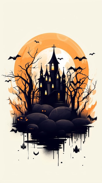 ilustracja zamku halloweenowego z dyniami i nietoperzami
