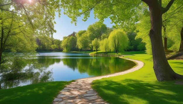 Zdjęcie ilustracja zdjęciowa krajobrazu wiejskiej rzeki i kwitnącego drzewa stworzonego za pomocą technologii generatywnej
