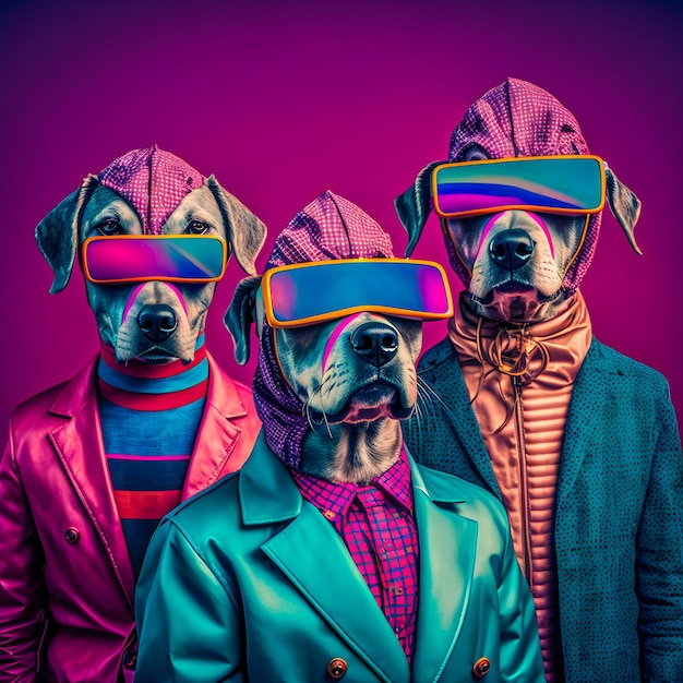 Ilustracja zespołu muzycznego psów modny, retro pop i coroful wzór, zwierzę antropomorficzne