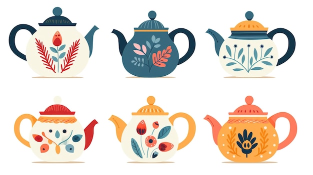 Ilustracja zestawu różnych czajników z wzorem na jasnym tle