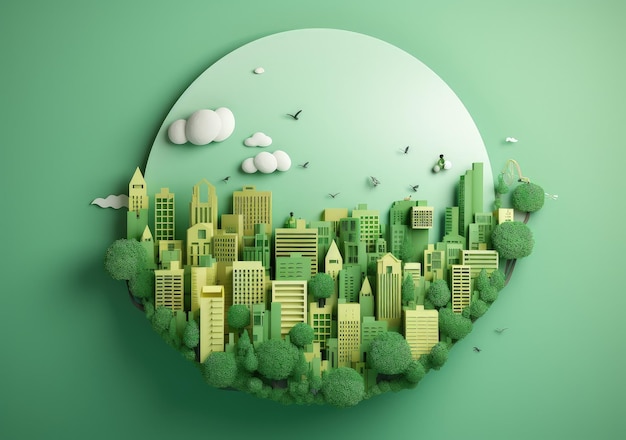 Ilustracja zielonego miasta z drzewami i budynkami koncepcja zrównoważonego rozwoju Generatywna sztuczna inteligencja