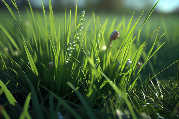 Ilustracja zielonej trawy po świeżym wiosennym deszczu AI