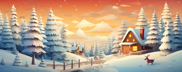 Ilustracja zimowego śnieżnego krajobrazu, świąteczna kartka z pozdrowieniami, panorama Generative Ai
