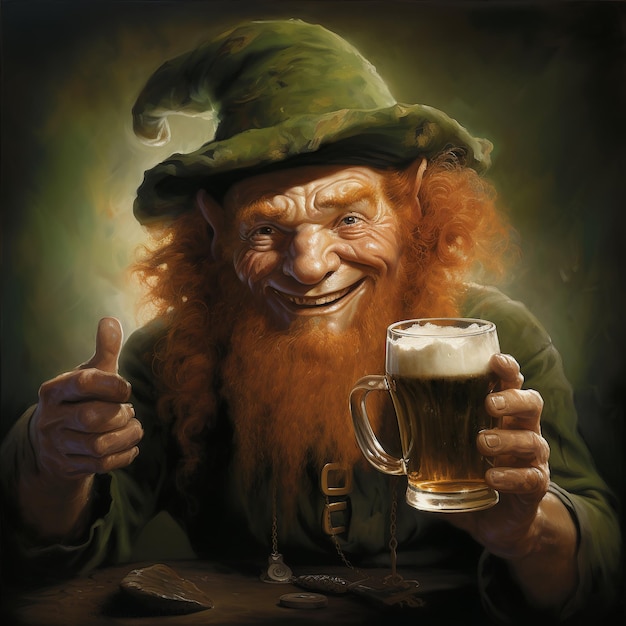 ilustracja Złośliwego Leprechauna trzymającego piwny kubek piwa
