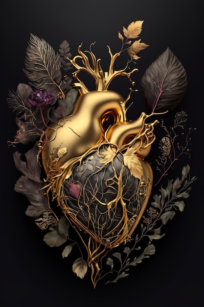 Zdjęcie ilustracja złotego ludzkiego serca ozdobionego ciemnymi kwiatami, luksusowe stylizowane złote ludzkie serce