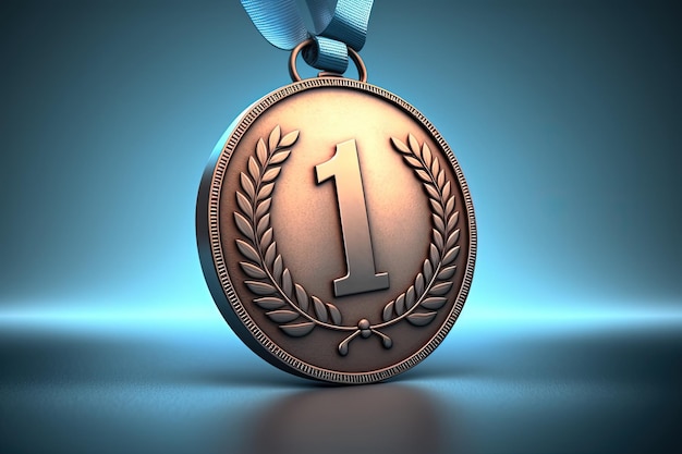 Zdjęcie ilustracja złotego medalu z numerem 1 na niebieskim tle generacyjna sztuczna inteligencja