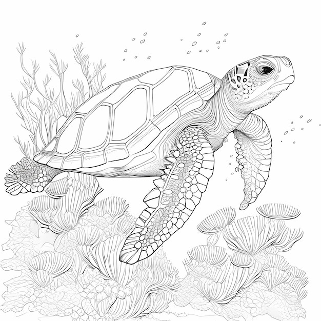 ilustracja żółwia morskiego do kolorowania książki z ostrymi liniami i białym