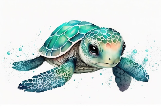 Ilustracja żółwia morskiego pływającego pod wodą w generatywnym stylu przypominającym akwarele ai