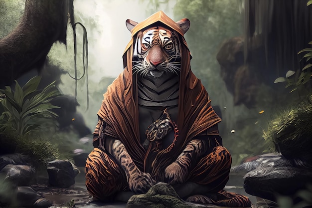 Ilustracja zrelaksowanego tygrysa w ubraniach mistrza kung fu yoga siedzącego w medytacji na leśnej sztucznej inteligencji